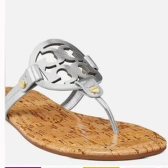 New Tory Burch Metallic Silver Patent leather Cork Miller Sandals Size 8.5 - Picture 2 of 14